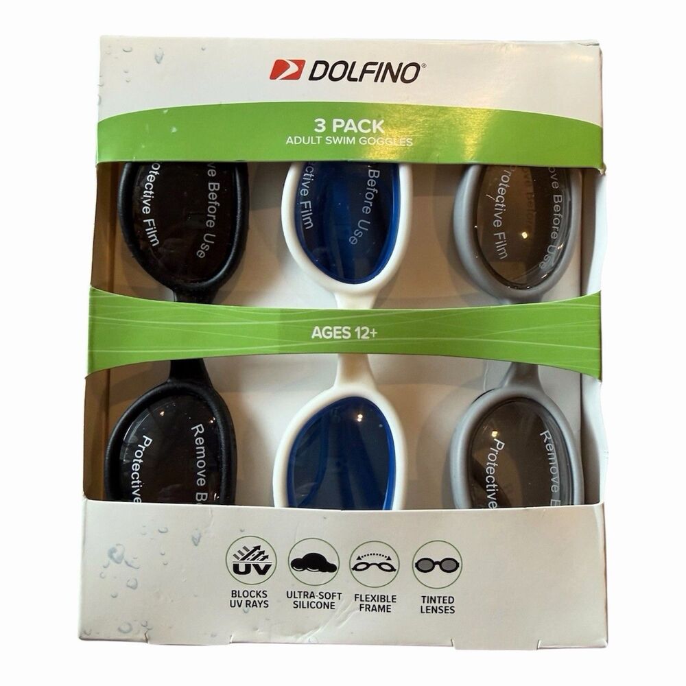 NEW Dolfino Adult Swim Goggles 3 Pack UV Protection Tinted Lenses